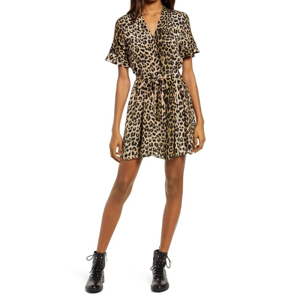 ALLSAINTS Women's Fay Leopard Print Button Front TIe Waist Mini Dress Sz 4 NWT